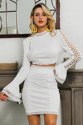 White Lace Crochet Blouse Skirt 2-Piece Coord Set Ins street